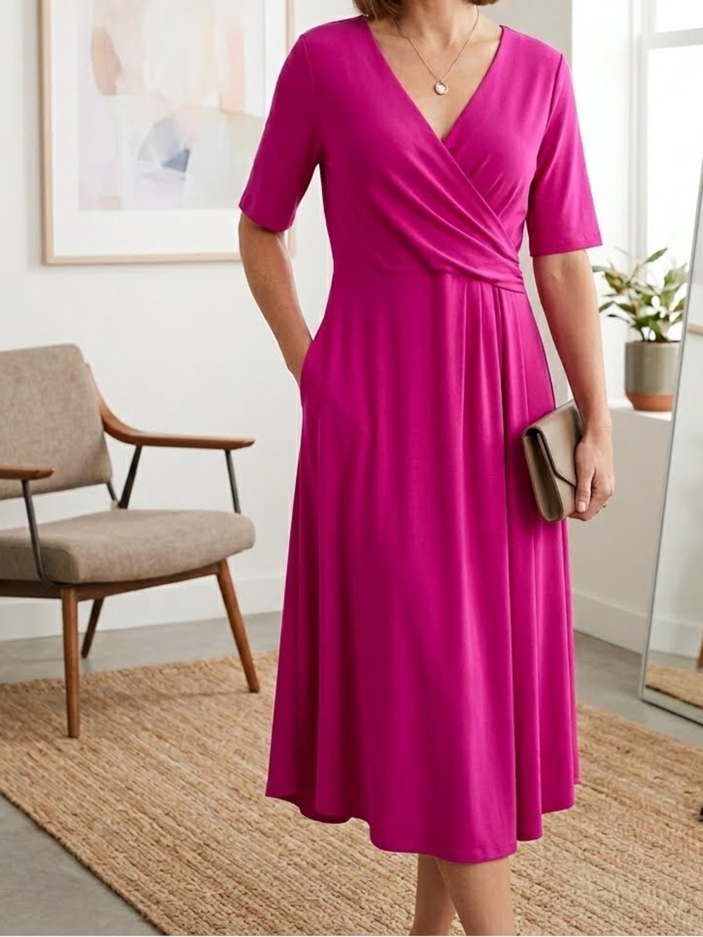 MSK Dress Magenta Wrap-Style Midi Barbiecore vacation wedding classic medium NWT